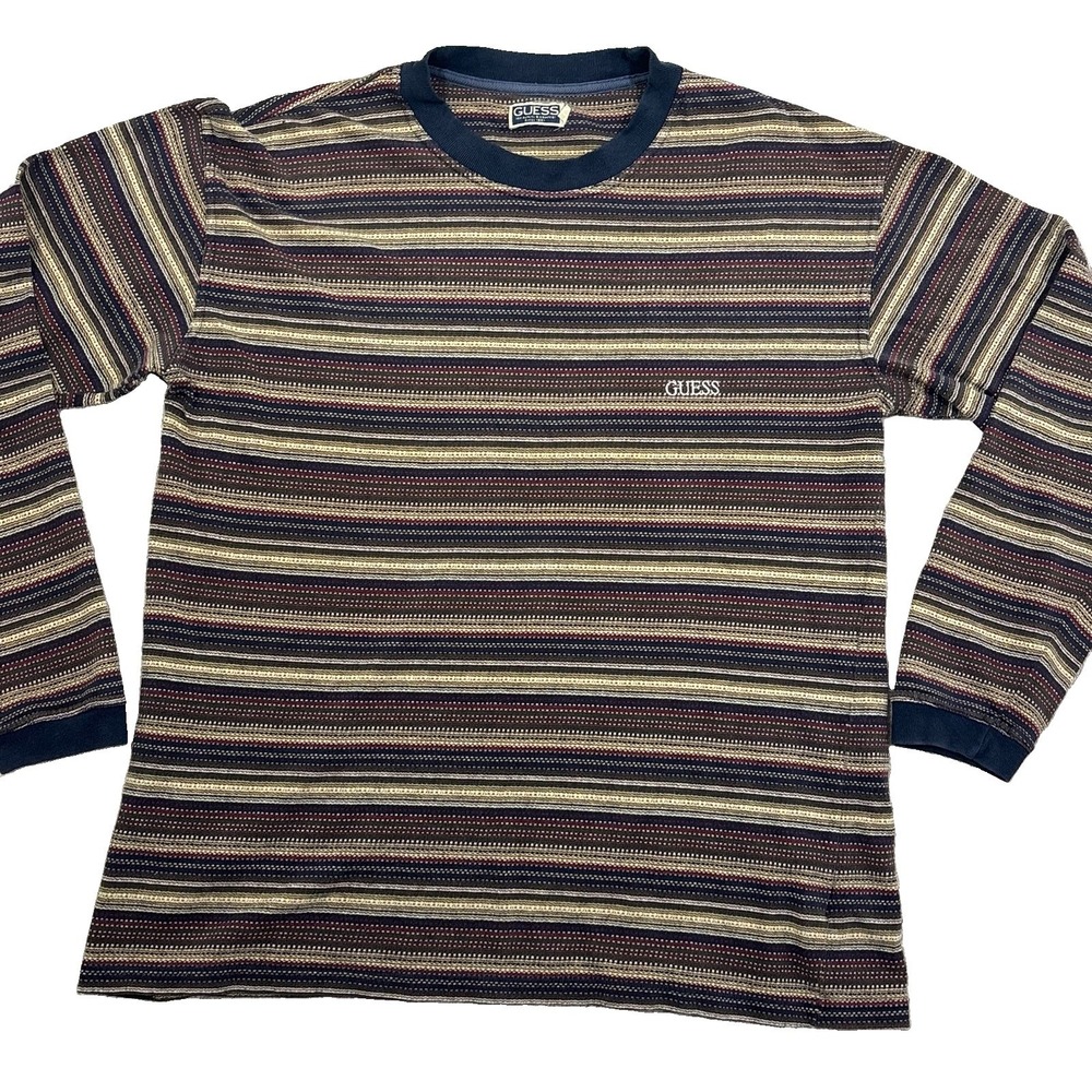 Vintage Guess Striped Long Sleeve Shirt Men's Size Large Made In The Usa